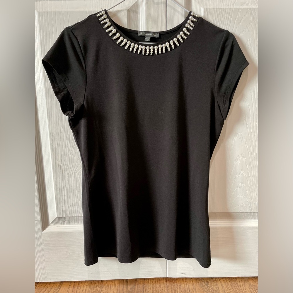 Adrianna Papell short-sleeved blouse with pearl detail around neck